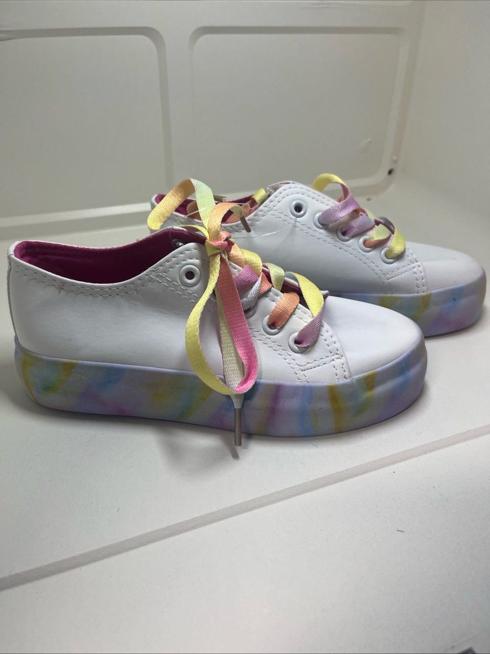 White Kids' Sneakers with Pastel Rainbow Platform and Multicolor Laces